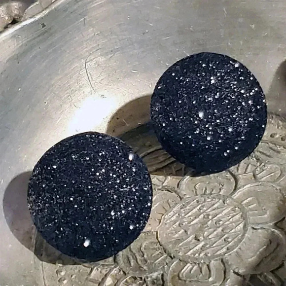 Retro 80s Club Glam Disco Sparkly Jet Black Fabric Button Earrings - Picture 3 of 8